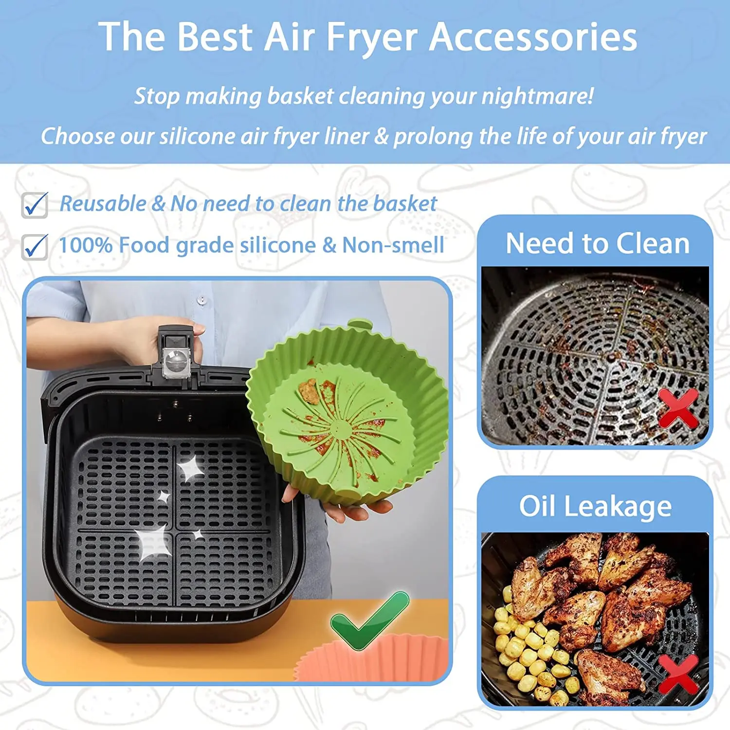 Reusable Non-stick Air Fryer Silicone Liners Compatible with Air Fryer Basket Accessories