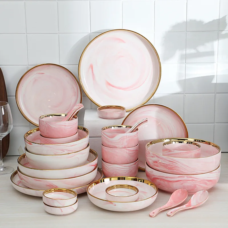 Wholesale ceramic pink marble design dinnerware sets luxury plates sets dinnerware