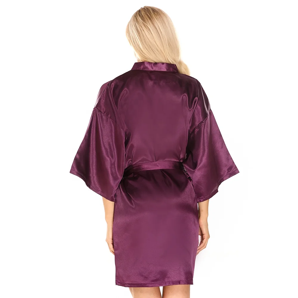 wholesale women purple wedding robe short bride satin kimono silk robe Support for custom color fonts