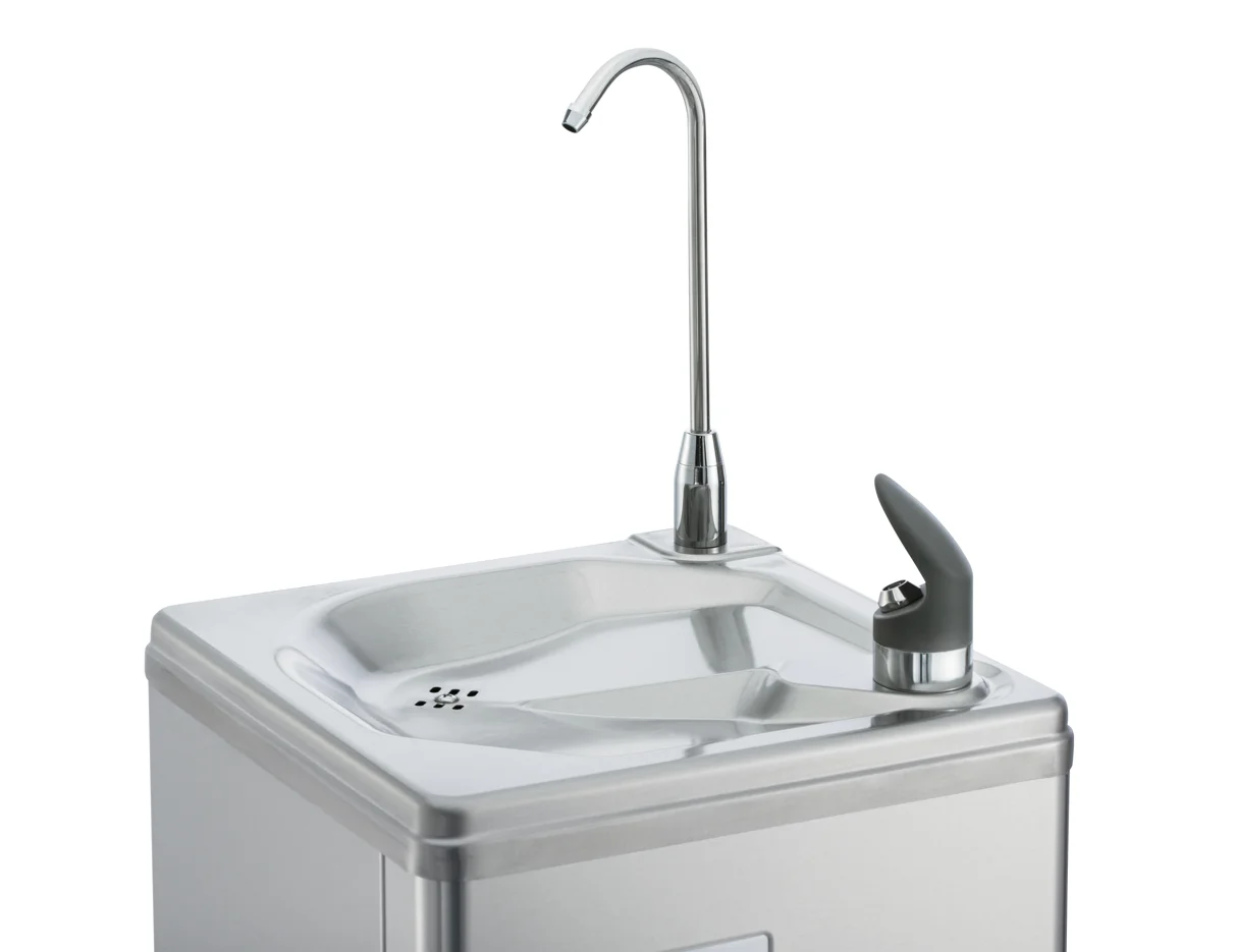 Polished Stainless Cabinet Foot pedal operated Bottle filler Ideal as a School Gym Factory drinking fountain