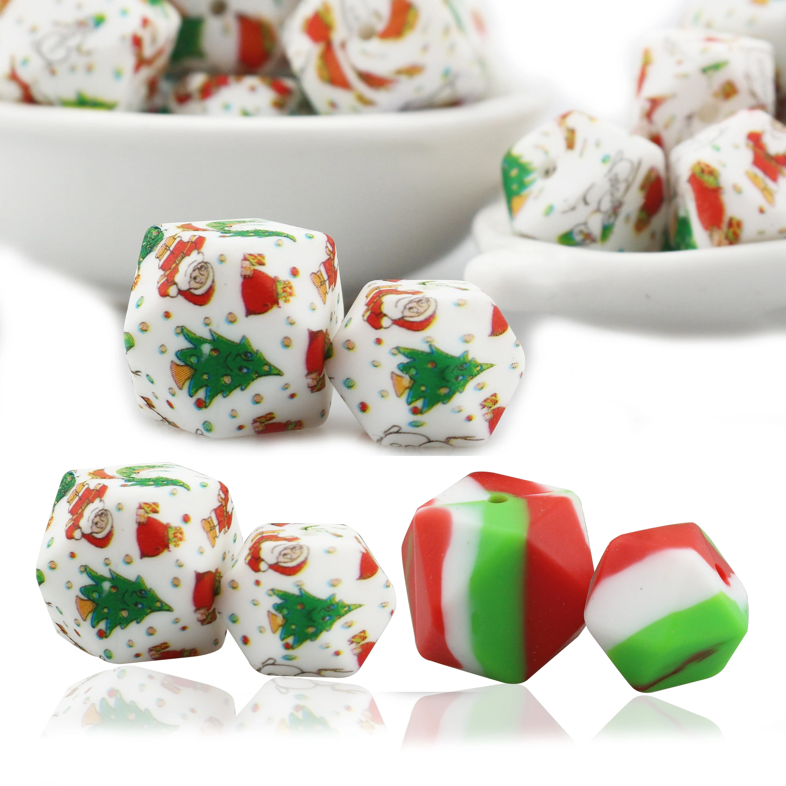 Оптовая продажа рождественских красочных геометрических бусин Tye-die с животным принтом леопардовые силиконовые бусины 17 мм шестигранные