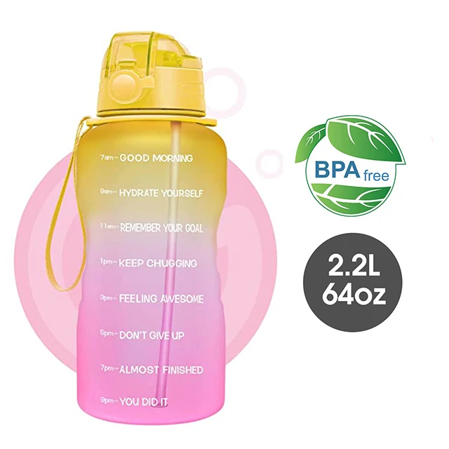 Tritan Bpa Free Water Jug 64oz Motivational Plastic Gallon Water Bottle With Time Marker Straw For Fitness Gym Sports