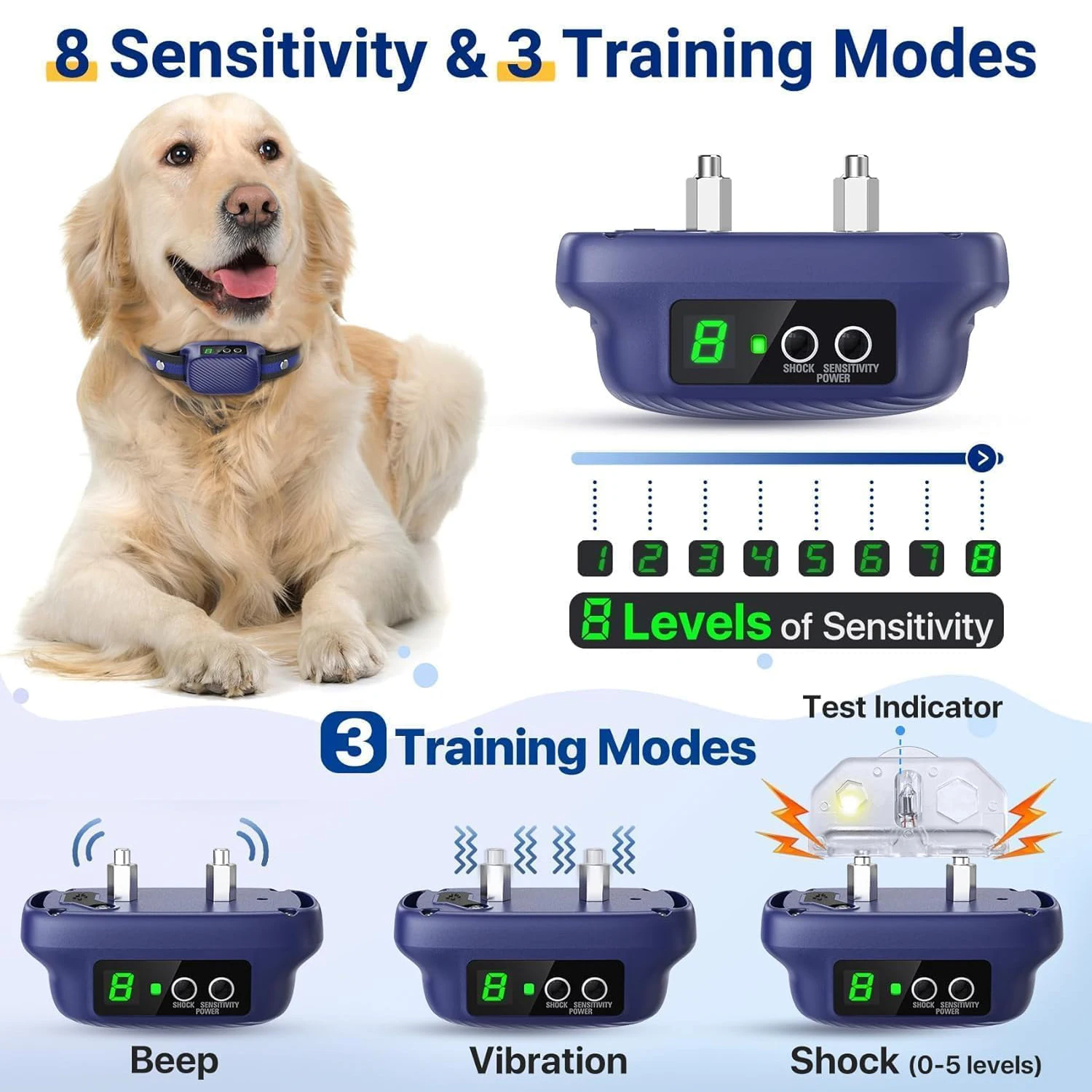 Rechargeable Anti Bark Collar with Adjustable 8 Sensitivity Smart Bark Training Collar with Beep Vibration for Large Medium Dogs