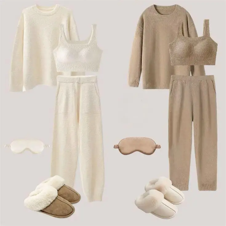 2024 Wholesale Custom Winter Polyester Women Pajamas Set Fluffy Fuzzy 3 Three Piece Lounge Wear Set