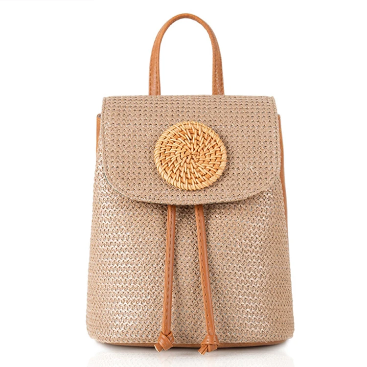 New pp leather straw woven drawstring rattan back pack handmade crochet shoulder bag woman backpack
