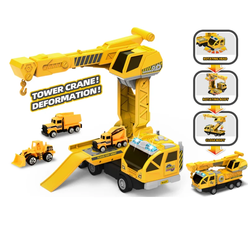 PANDAS Storage Transform Truck Diecast Toy 3 Mini Metal Car Sound Light Foldable Tower Crane Engineering Vehicle Race Track Toys