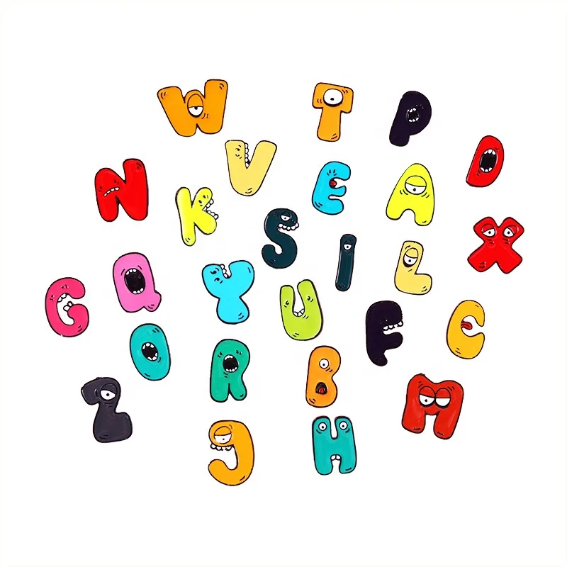 Fashion Clothes Accessories Lapel Badges Custom Black Nickle Plated Zinc Alloy Cute Cartoon 24 Alphabet Letter Soft Enamel Pins