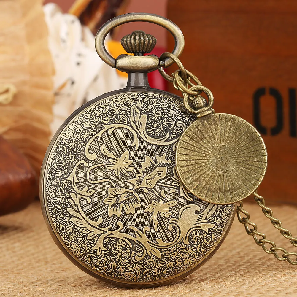 Souvenir Gift Roman Numeral Double Time Zone Dial Vintage Bronze Men Pocket Watch with Necklace Pendant Chain