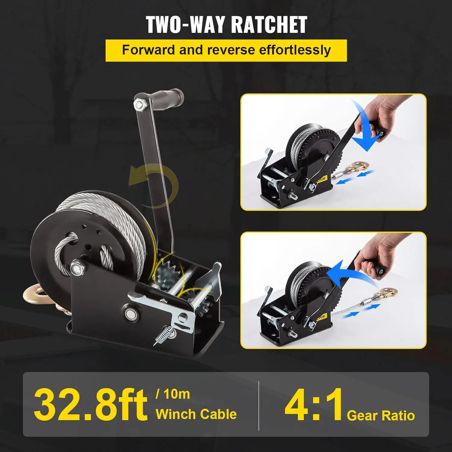 Rope Crank, 3500 LBS Capacity Heavy Duty Hand Winch with 10 m(32.8 ft) Wire Cable and Alloy Hook