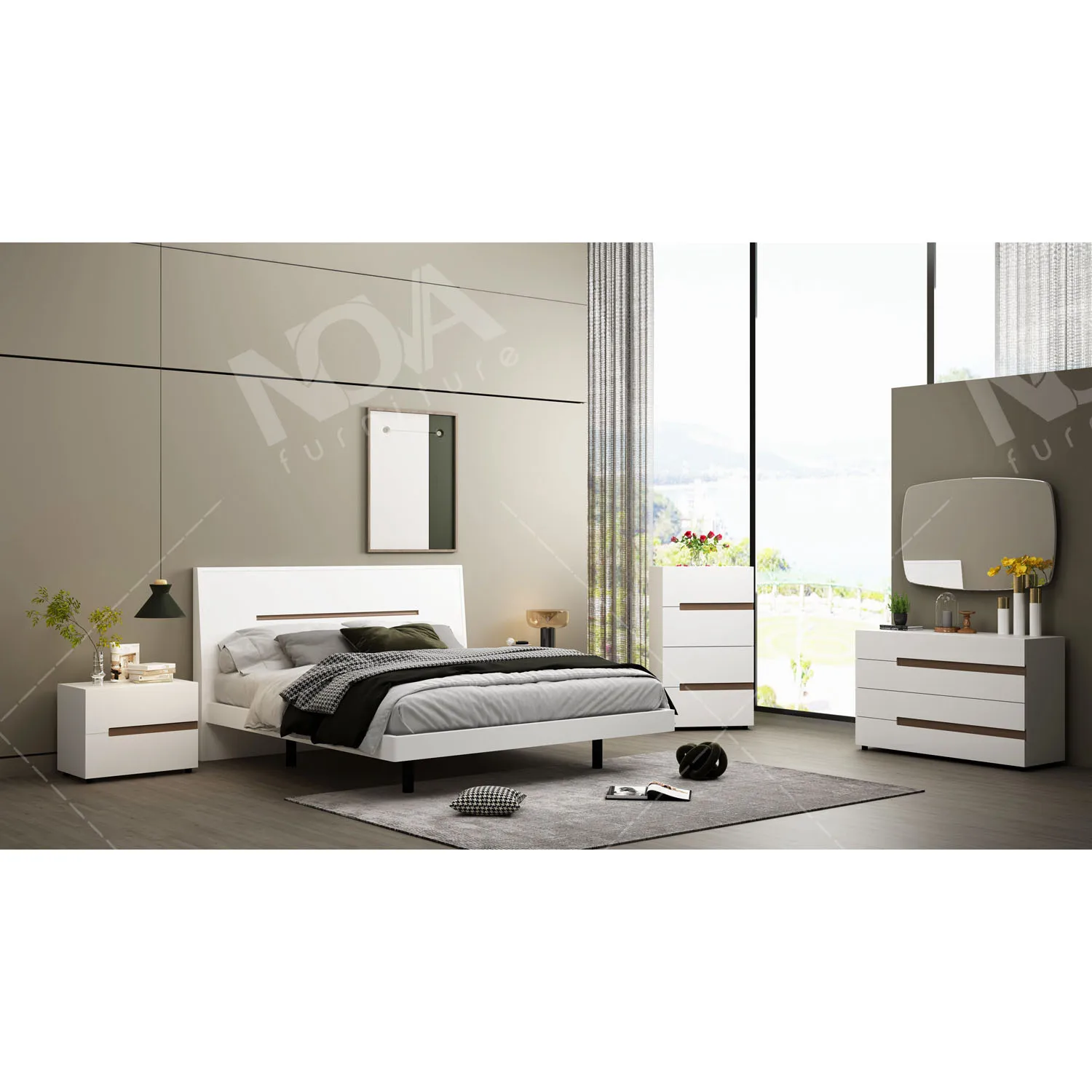 NOVA Melamine White 5 Pieces Bedroom Sets Furniture MDF Matt Painting Queen Size Double Beds Wooden King Bed