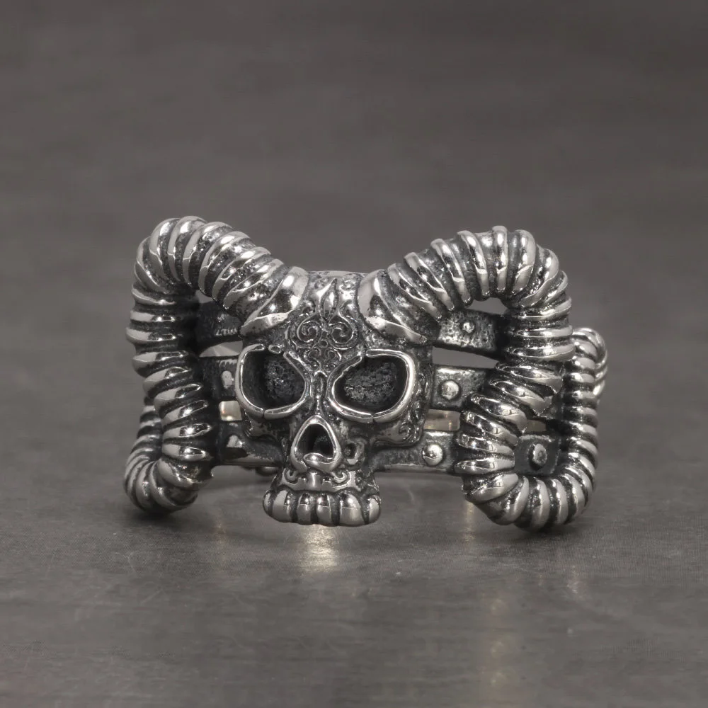 Vintage 925 Sterling Silver Skull Rings For Men Retro Punk Rock Demon Head Trident Engraving Motorcycle Biker Ring