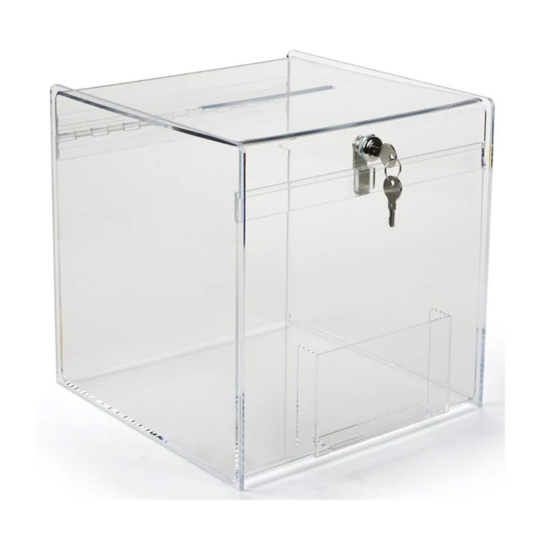 12 Inch Cube Ballot Box Clear Acrylic Lockable Donation Box with Front Pocket Cube with Memo Pad Holder