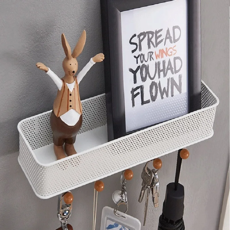metal mesh floating shelves wall decorative key mail towel rack holders clip hanger for with 5 Hooks storage holders & racks
