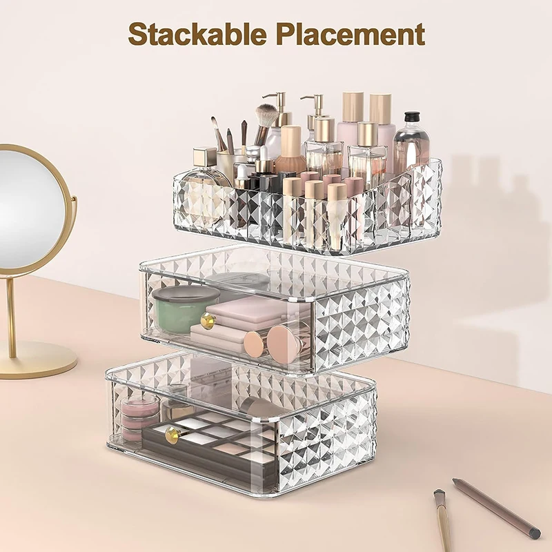 Stackable Clear Acrylic Cosmetic Storage Box Vanity Makeup Organizer w/ Drawer Tray for Lipstick Eyeshadow Skincare Display Case