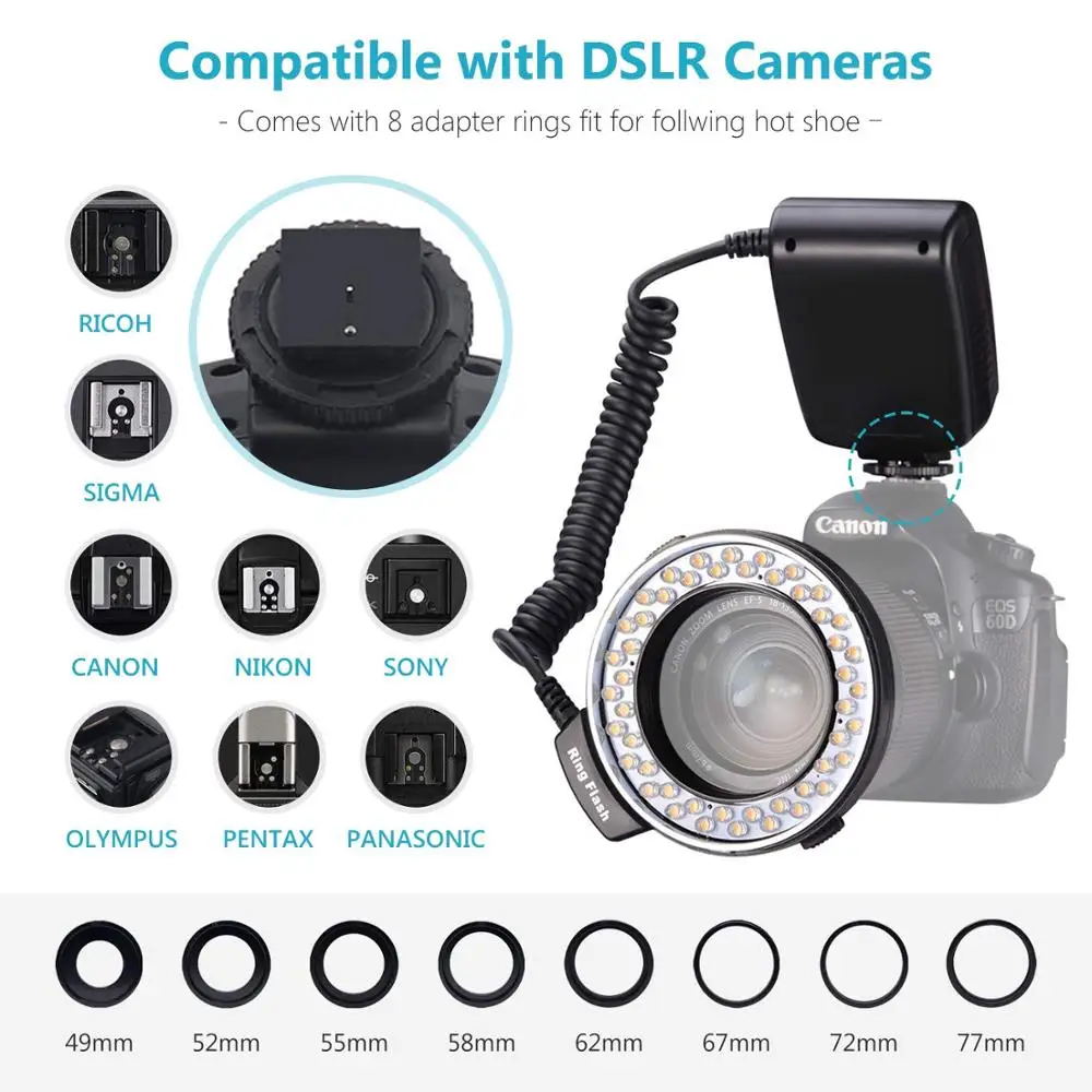 
Extended Macro LED Ring Flash Light Speedlite with LCD Screen Display for Canon Nikon DSLR Cameras Studio Flash Light 