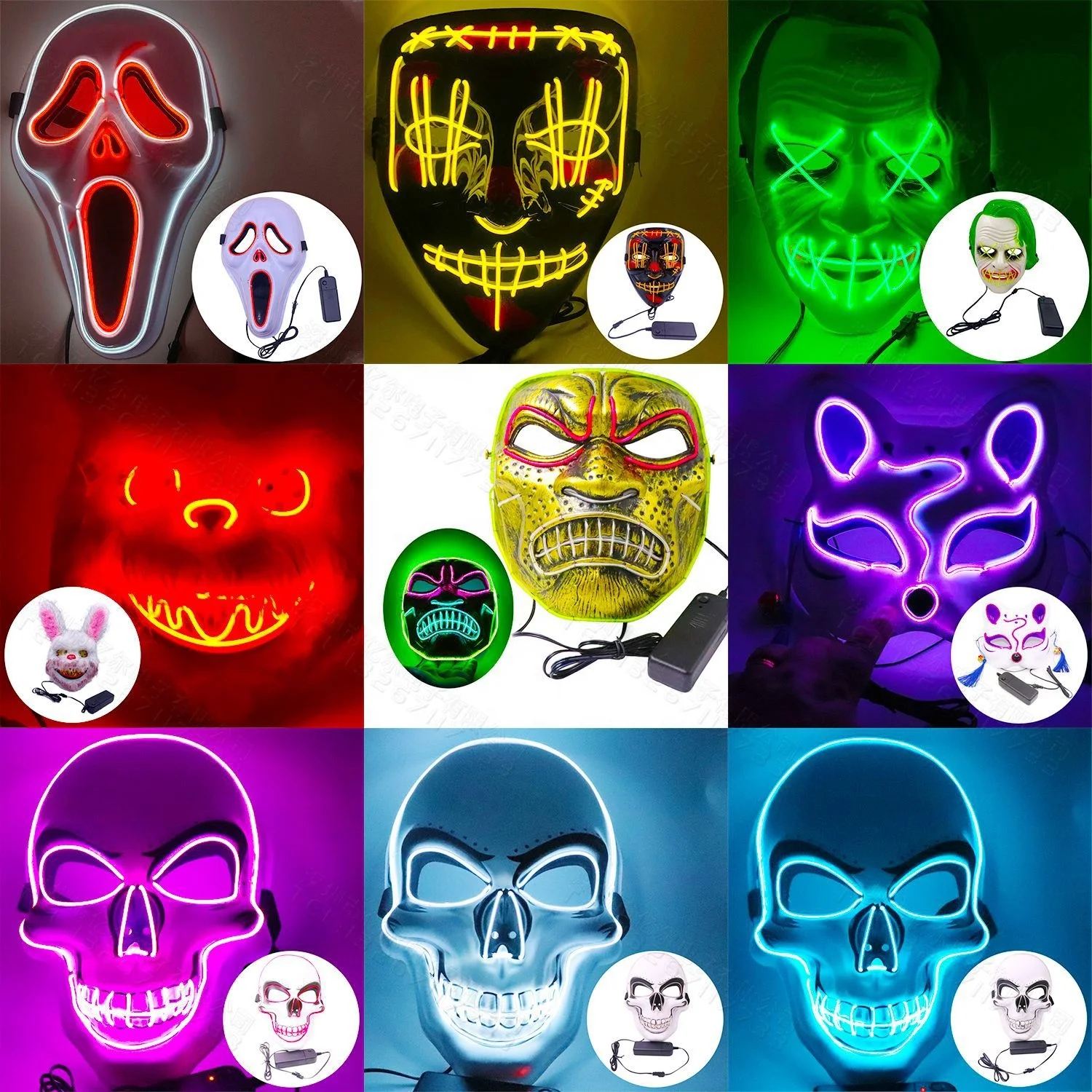Halloween LED Glowing Mask Alien Zombie Panda Face Samurai Scary Tanuki Pumpkin Head Mask