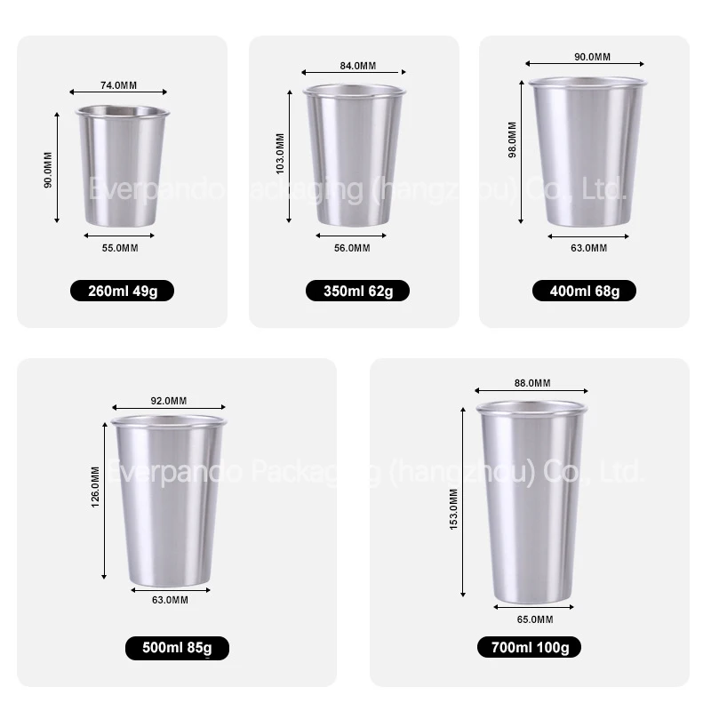 8oz 12oz 16oz Custom Logo Single Wall Metal Beer Tumbler Unbreakable Stainless Steel Pint Cup