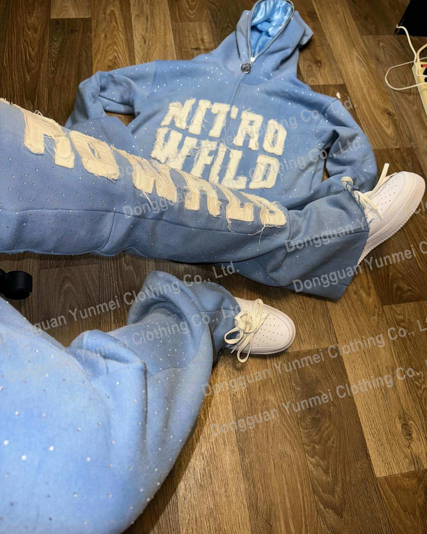 Custom Sweat Stack Pant Track Suits Acid Wash Tracksuit Rhinestone Zip Up Hoodie And Flare Sweatpants Sweatsuit Set For Men