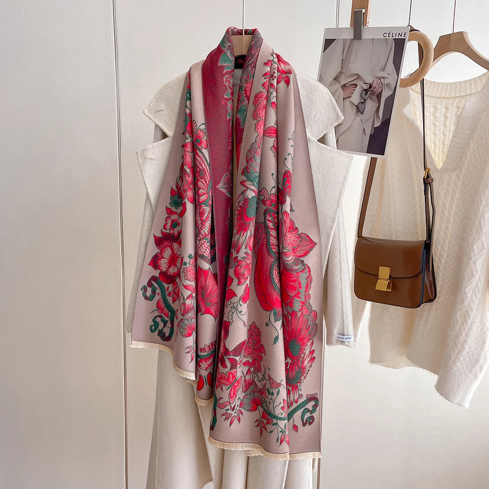 High quality Winter printed flower designer pashmina Acrylic thick knitted scarf cashmere scarfs for women stylish