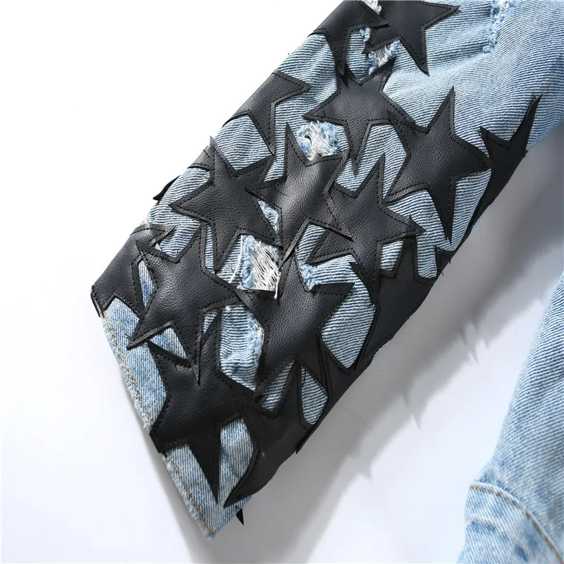 2022 Custom Design Jean Jacket men Pattern Printed Pentagram denim jacket broken hole print gradient washed jacket for man