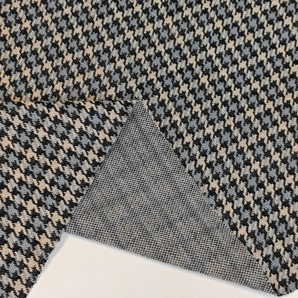 Custom High Quality  Polyester Rayon Spandex 270Gsm TR Jacquard Knit  Fabric Houndstooth design Knit