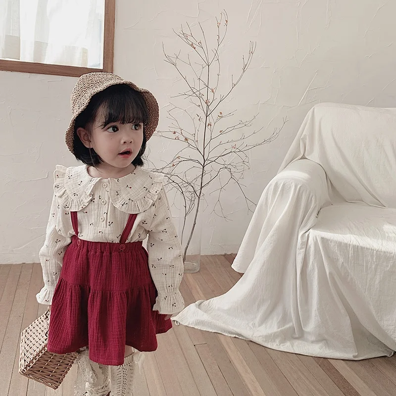 
6533/Beige hot selling spring fashion cherry girls shirt sweet turn down collar shirt 