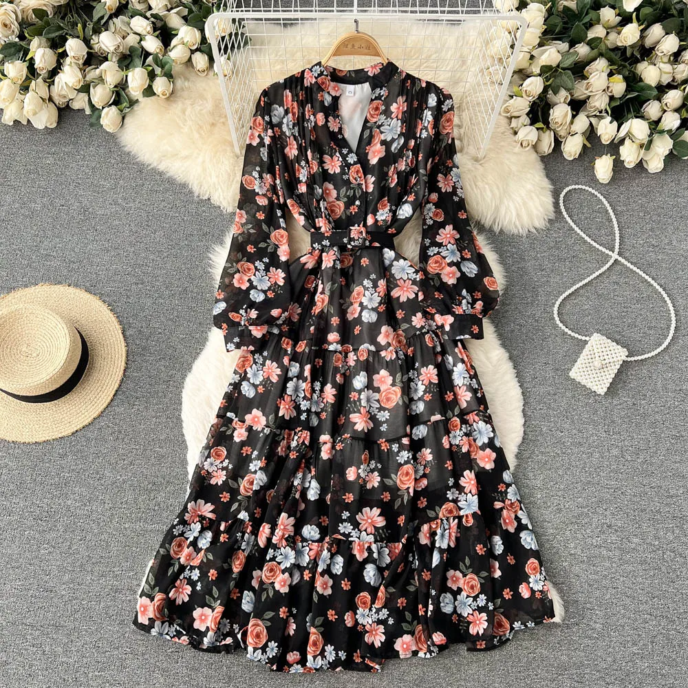 Women Clothes Long Sleeve V-Neck Print A-Line Dress Floral Print Chiffon Ladies Casual Dress