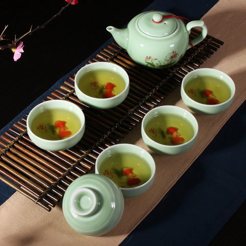 Chinese Tea Cups Porcelain Celadon Fish Teacup Set Loose Leaf Teapot Drinkware Oolong Tea Ceramic China Kung Fu Tea Sets D042