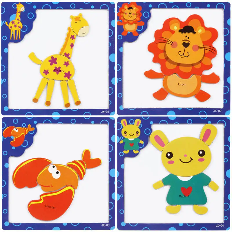 Factory price early educational toy custom children cartoon animal paper jigsaw wooden 3d puzzle for kid