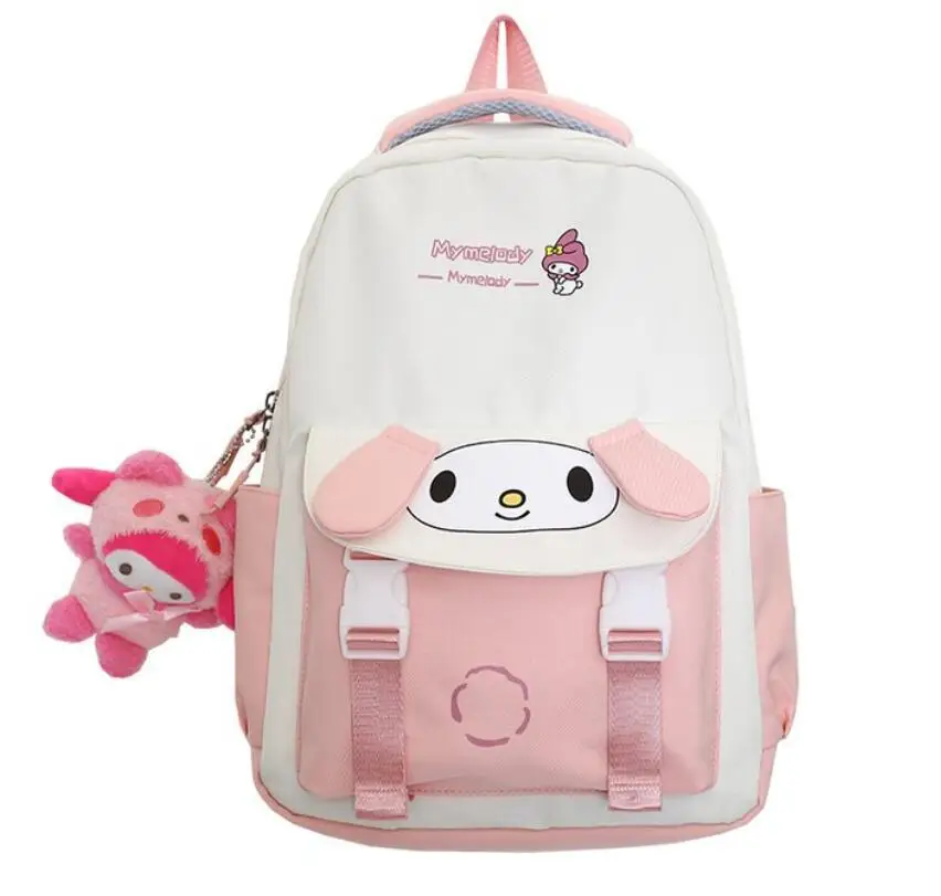 YWMX Cartoon Kuromi Cinnamoroll Student School Bag  Kawaii Girl Melody Nylon Big Capacity Zipper Student Backpack With Plush Toy