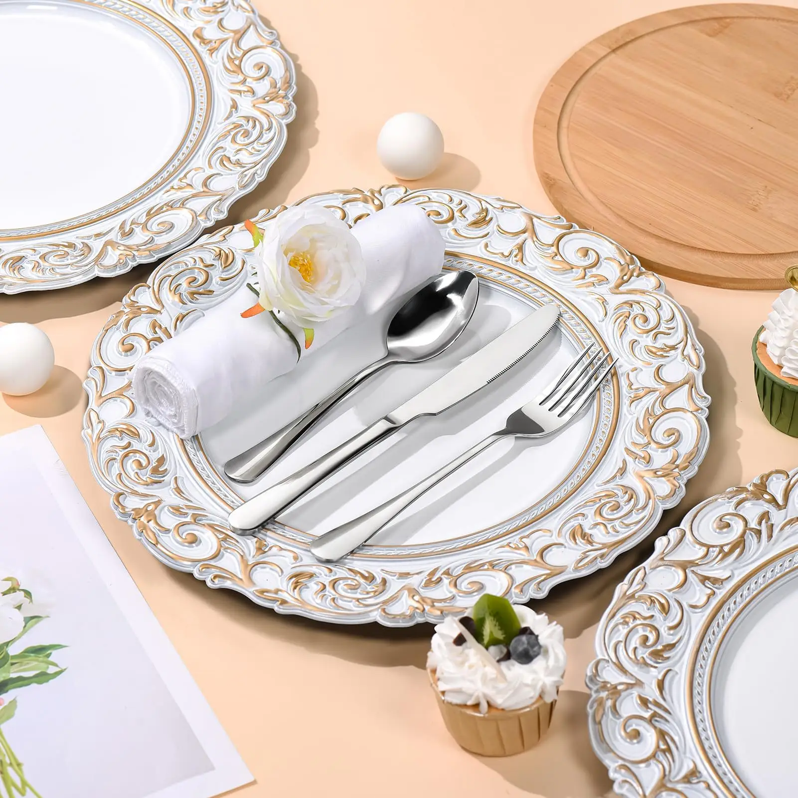 Antique Charger Plates,13 Inch White Round Plastic Embossed Charger Plate for Dinner Party Wedding Elegant Tableware Decoration