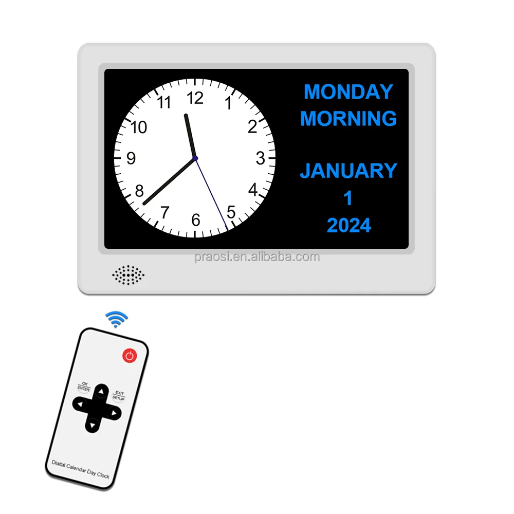 Pros 7 Inch Digital Calendar Alarm Day Clock Multiple Alarms Medicine Reminders Analogue Dementia Clock Auto DST Remote Control