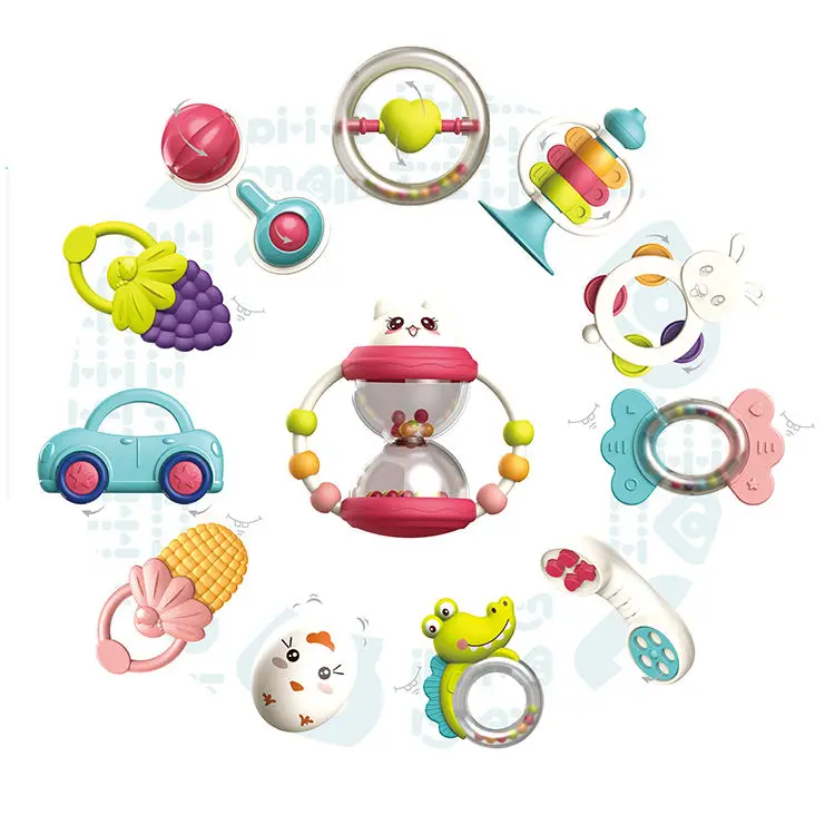 Hot sell 12PCS cartoon rattle toy baby silicon rattle toys gift box set