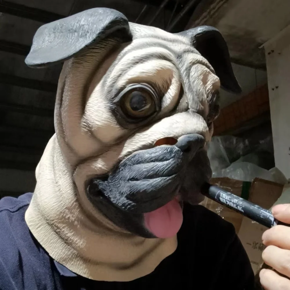 Black Eyes Latex Animal Dog Mask, Pug Dog Bulldog Full Head Mask Halloween Costume Cosplay Party Prop