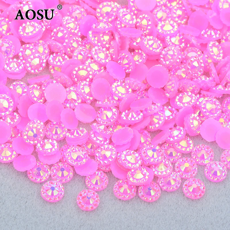 AOSU Wholesale 4mm 5mm 6mm Jelly Red AB Crystals Flatback Round Strass Flower Resin Rhinestone For Dress