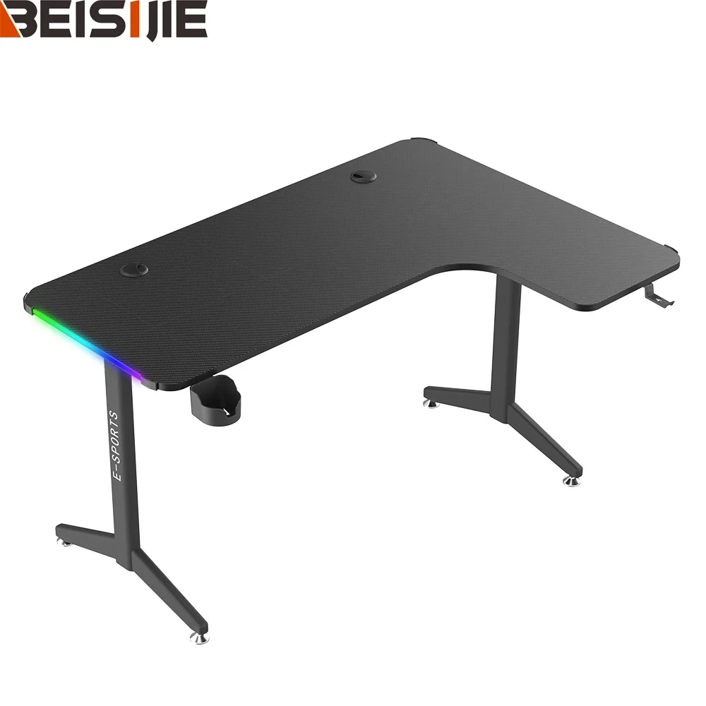 Большой вес, L-образный правый угловой стол черного цвета для игровых столов с RGB-подсветкой