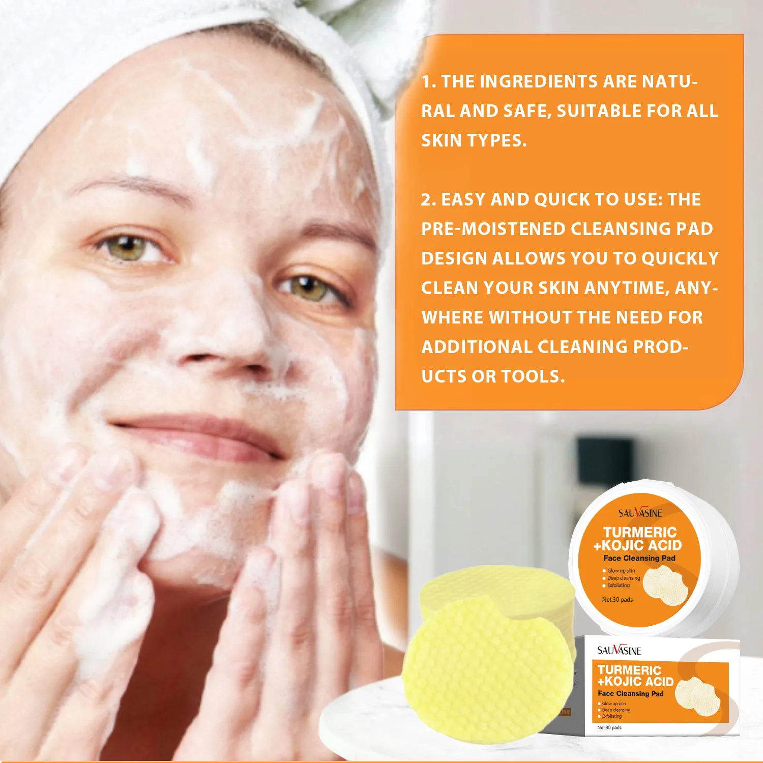Customized Own Brand Facial Cleansing Exfoliation Whitening Turmeric Kojic Acid Cleansing Cotton 30 Tablets