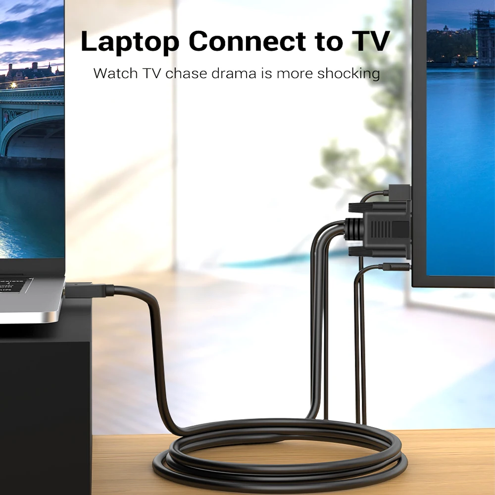 Multifunctional HDMI to VGA Cable with 3.5mm audio black HD video converter male to male 1 in 1 1m 2m 3m 5m