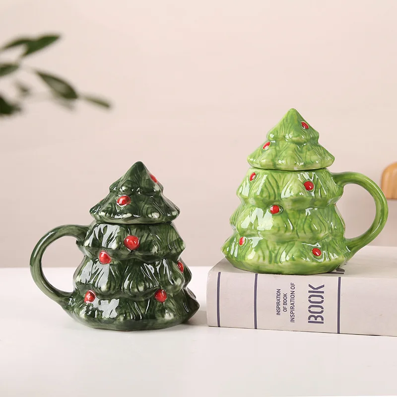 Seaygift 3D cartoon christmas trees snowman elk merry christmas Santa Claus ceramic coffee mug 450ml porcelain cup with lid