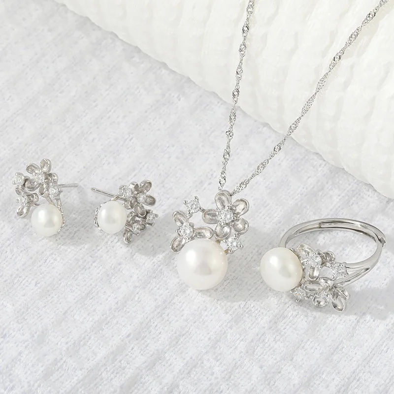 High Quality 925 Silver Natural Freshwater Pearl Flowers Earrings Necklace Adjustable Ring Women Jewelry Set