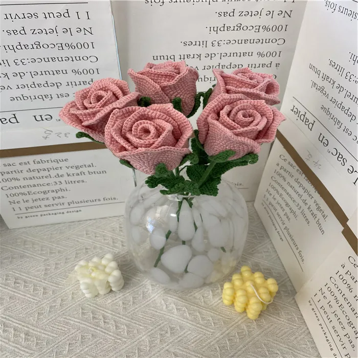 SYNew 40CM Crochet Flowers With Stems Roses With Leaves And Greenery For DIY Wedding Bouquets Centerpieces Home Dedication