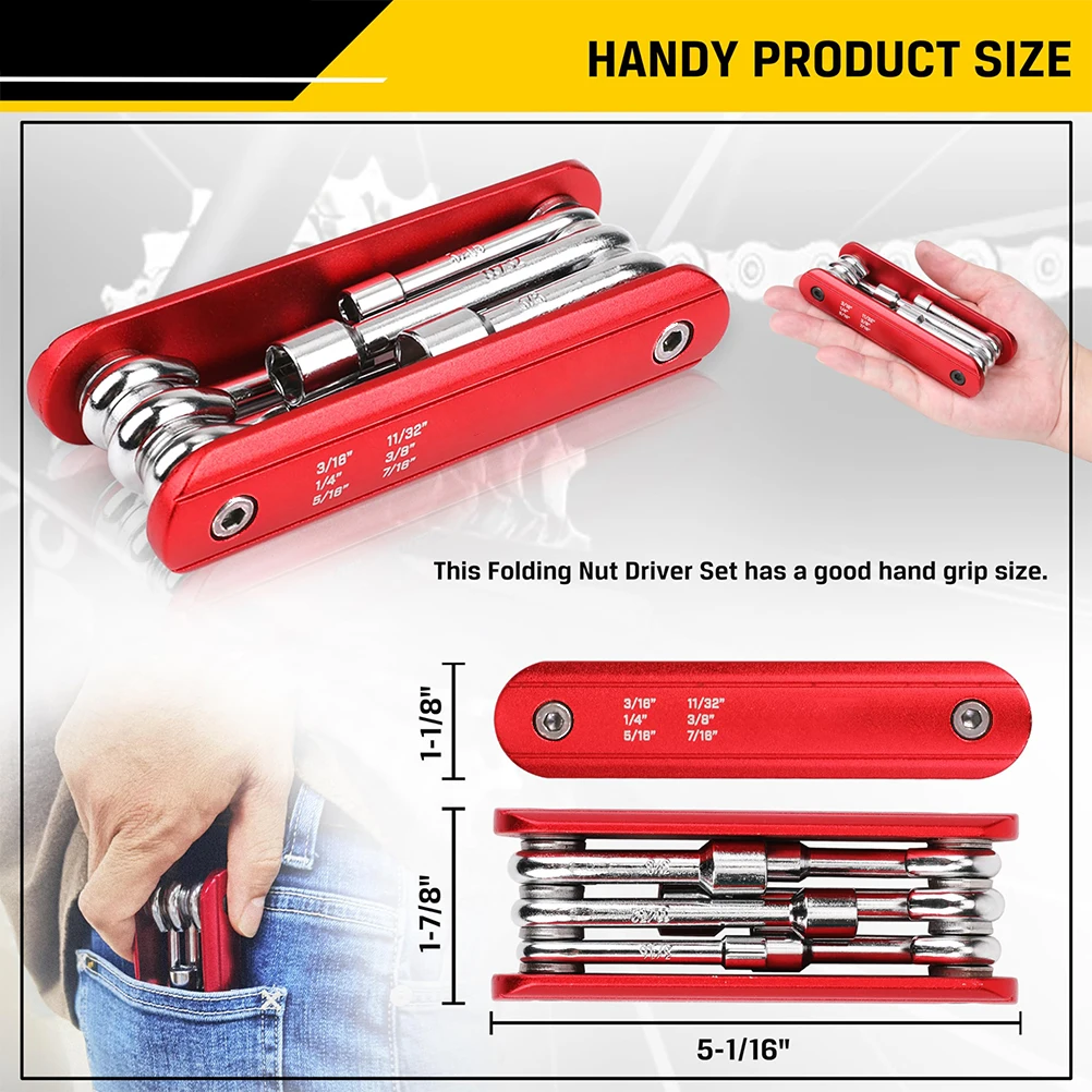 6 in 1 Folding Nut Driver Set Metric, Hex Nut Driver Set, Folding Socket Wrench, Cr-V Shank, Portable Premium Aluminum Handle