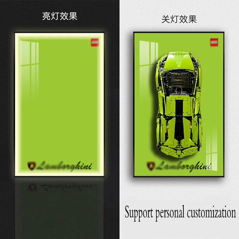 Custom Hanging Art Deco Decorative Glass Display Modern Famous Sports Car Wall Mural Building Block Frame LED Famous With Light