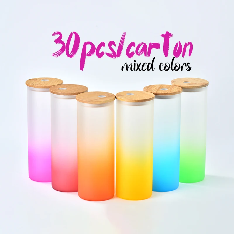 USA WAREHOUSE 16oz Frosted Beer Can Shaped Soda Gradient colorful Glass glass can with bamboo lid and straw