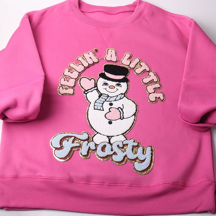 Larger Christmas fall iron on embroidery chenille patches hoodie big glitter pink chille frosty snowman patch for sweatshirt