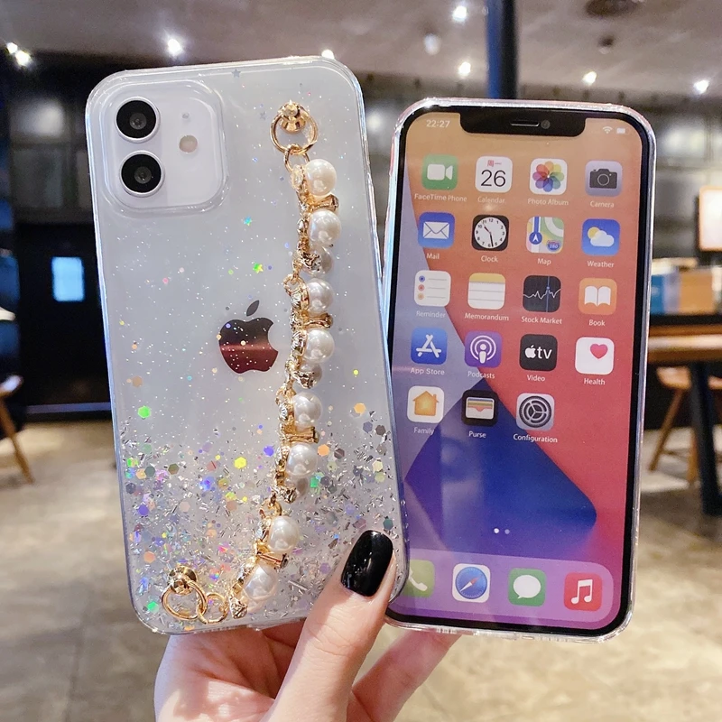 Soft Pearl Bracelet Phone Case For iPhone 11 12 13 14 Pro Max XS X XR 7 8 6 6s Plus mini SE 2020 Glitter Shockproof Cases Cover