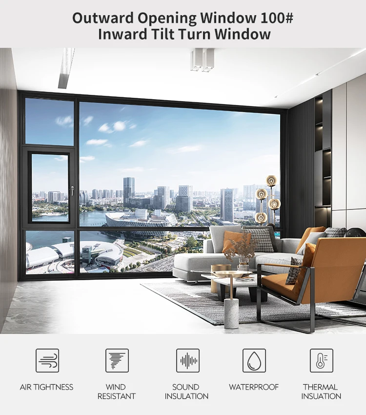 Windproof Double Glazing Aluminum Casement Window Interior Villa Windows Folded Invisible Flyscreen Steel Frame Fixed Open Style