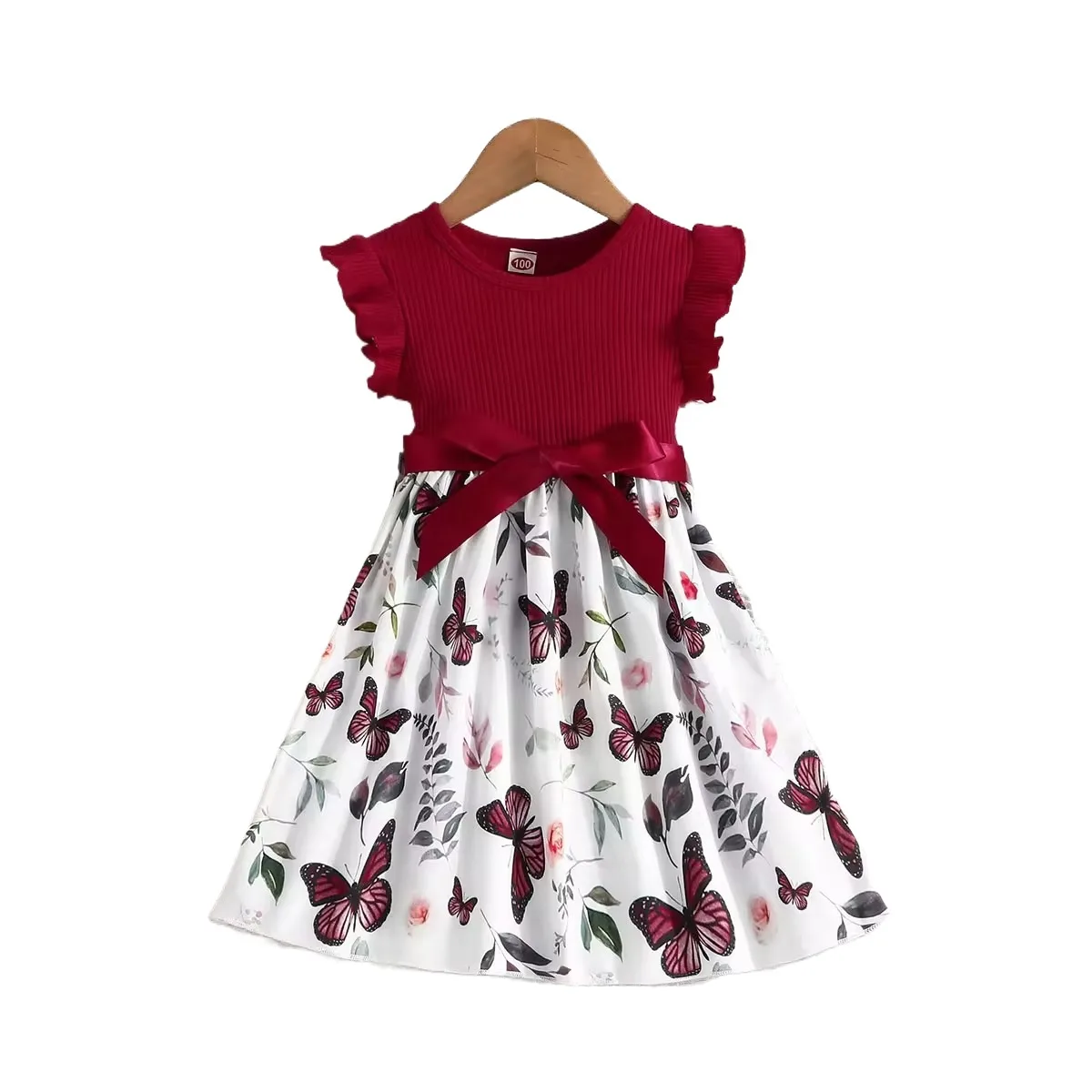 Casual Cute Print Baby Girls Dresses for 3-6 Years Old Kids Woven Fabric O-Neck Ruffled Short Sleeve Bow Decoration
