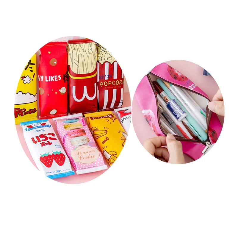 Hot Sale Office Creative PU Pencil Case Cute School Stationery Pouch Kids Cartoon Popcorn French Fries
