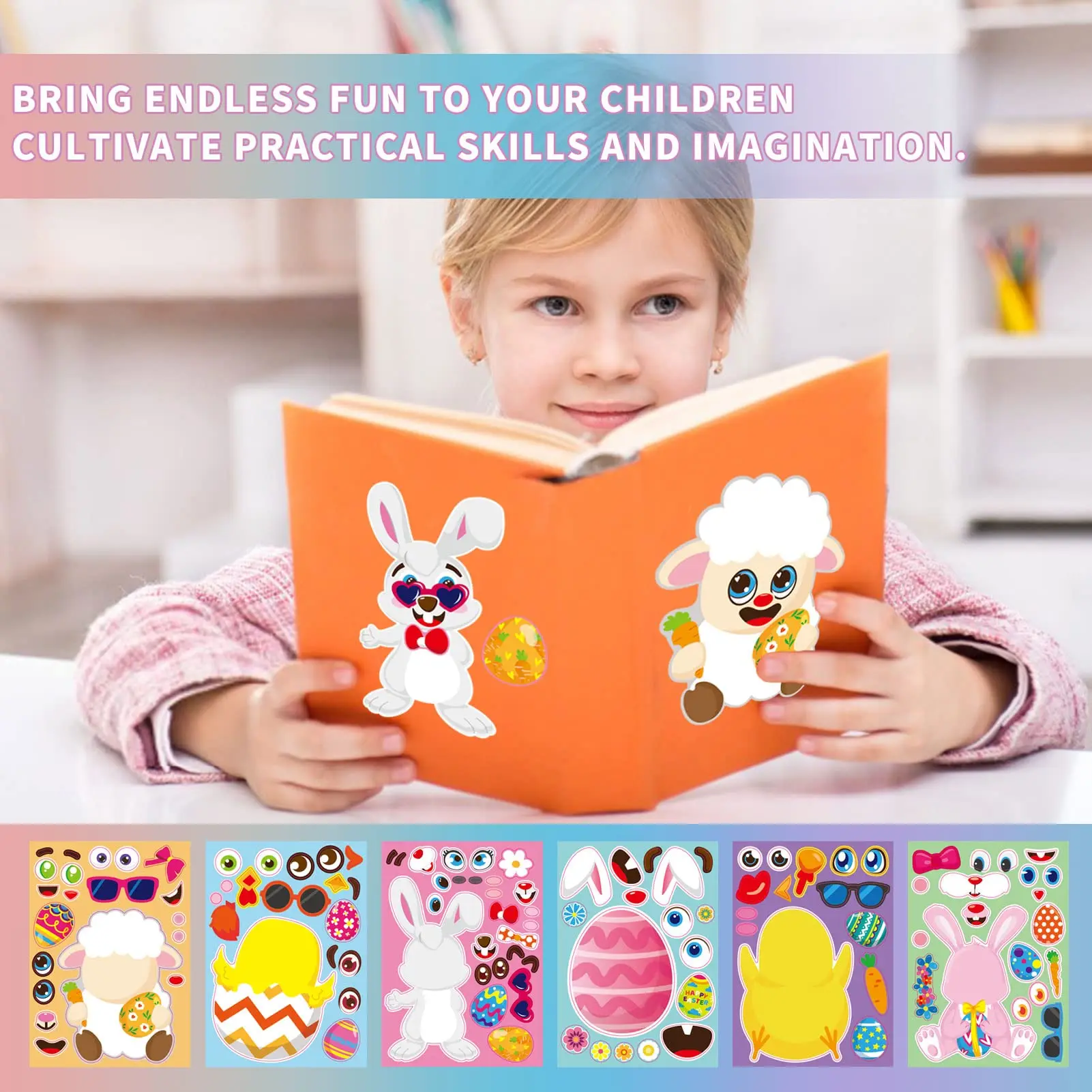 24pcs Easter Stickers for Kid, Make-a-face Easter Stickers for Child Easter Egg Farm Animal Rabbit Chicks